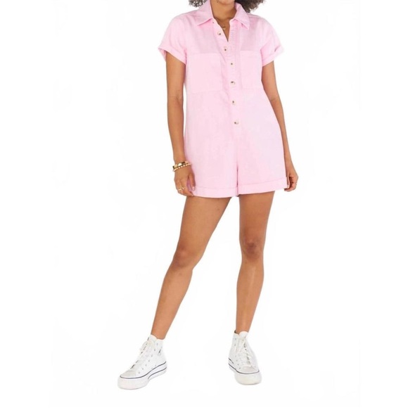Show Me Your Mumu Pink Denim Range Romper Utility Button Front Jumpsuit Size S - Picture 7 of 15